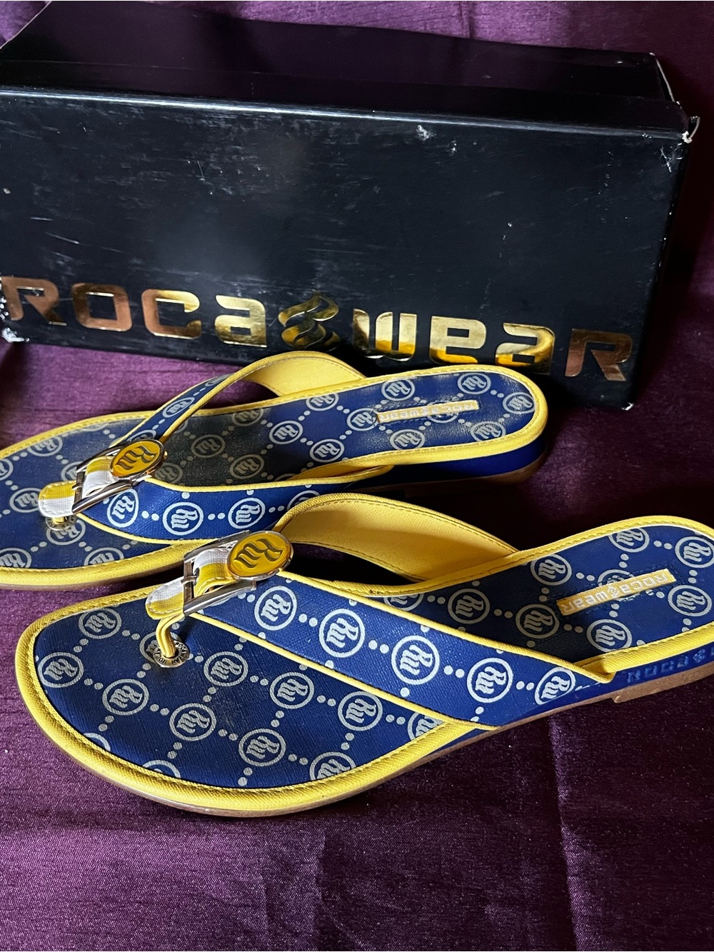 Rocawear Navy & Yellow Logo Thong Sandals